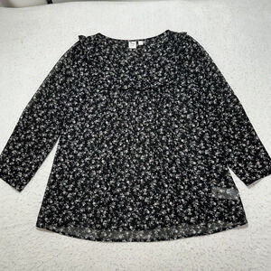 GAP Women's XS Black White Crewneck Ruffle Long Sleeve Top Floral Blouse